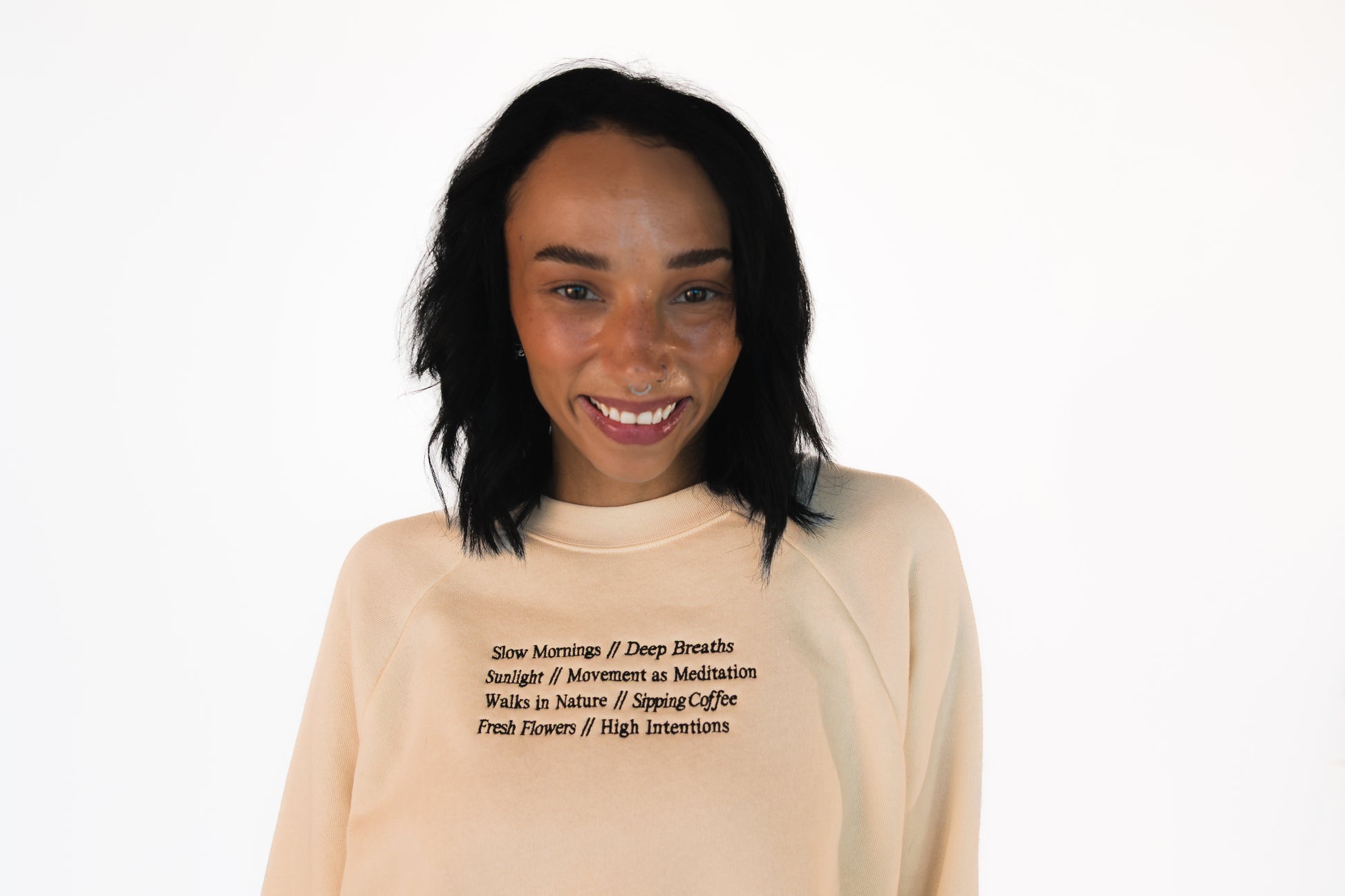 Intentional movement mock neck crew