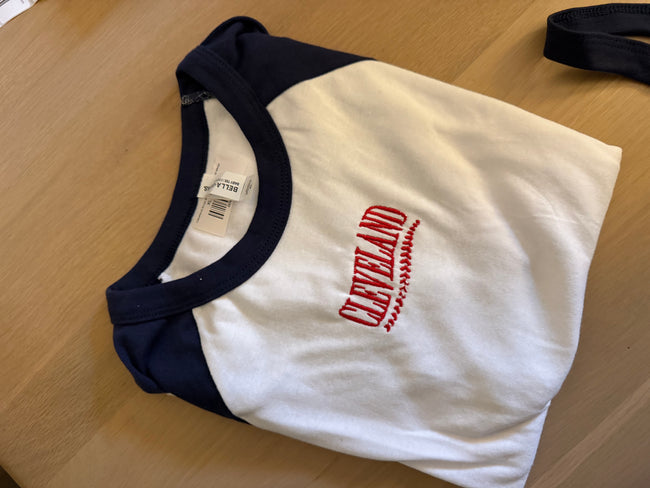 Cleveland Script Baby Tee - Navy and White