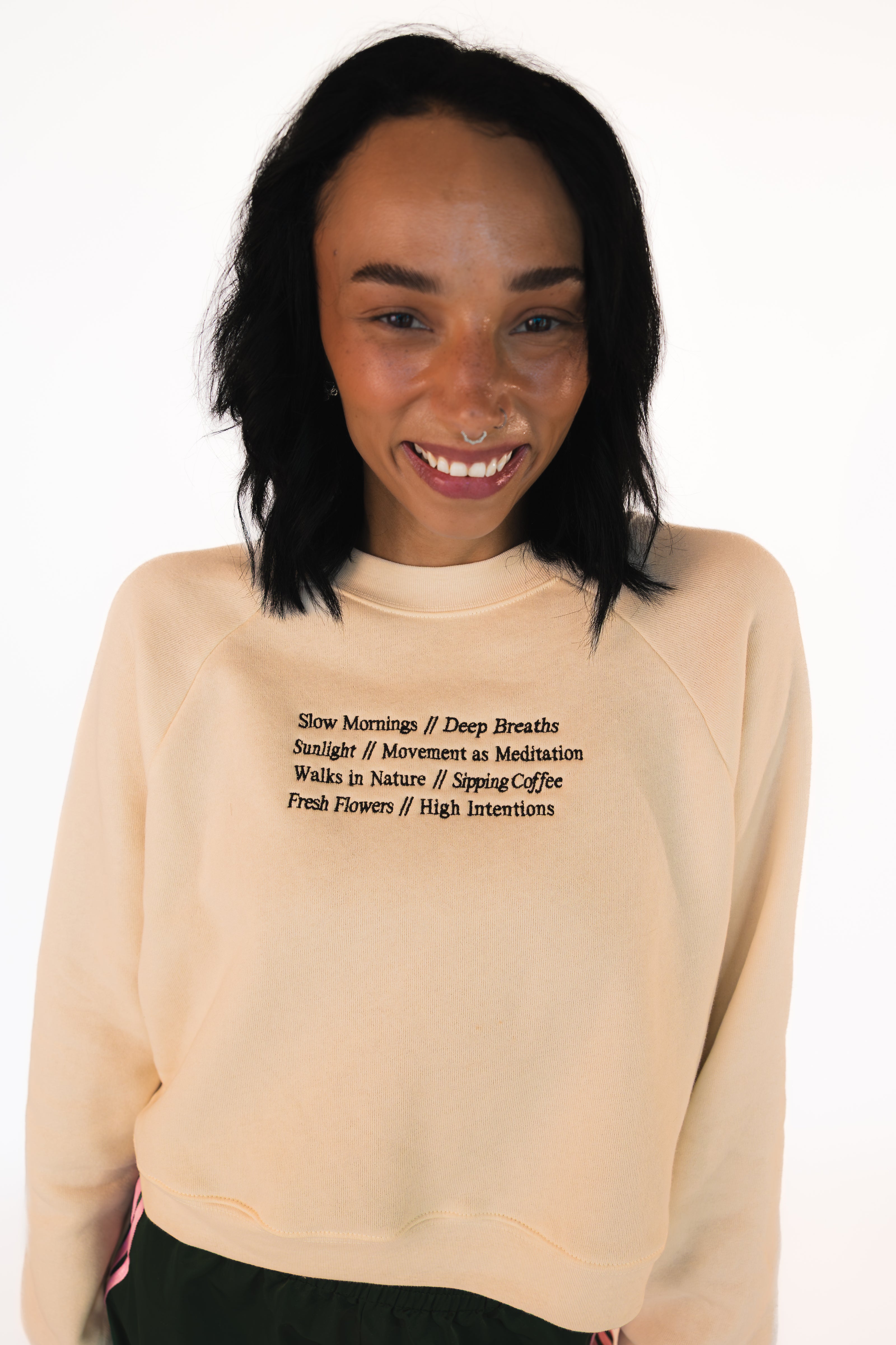 Intentional movement mock neck crew