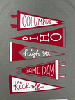 A close-up of a gray fabric surface printed with five red and white pennant designs containing the words Kick Off, Game Day, High St., Ohio, and Columbus.