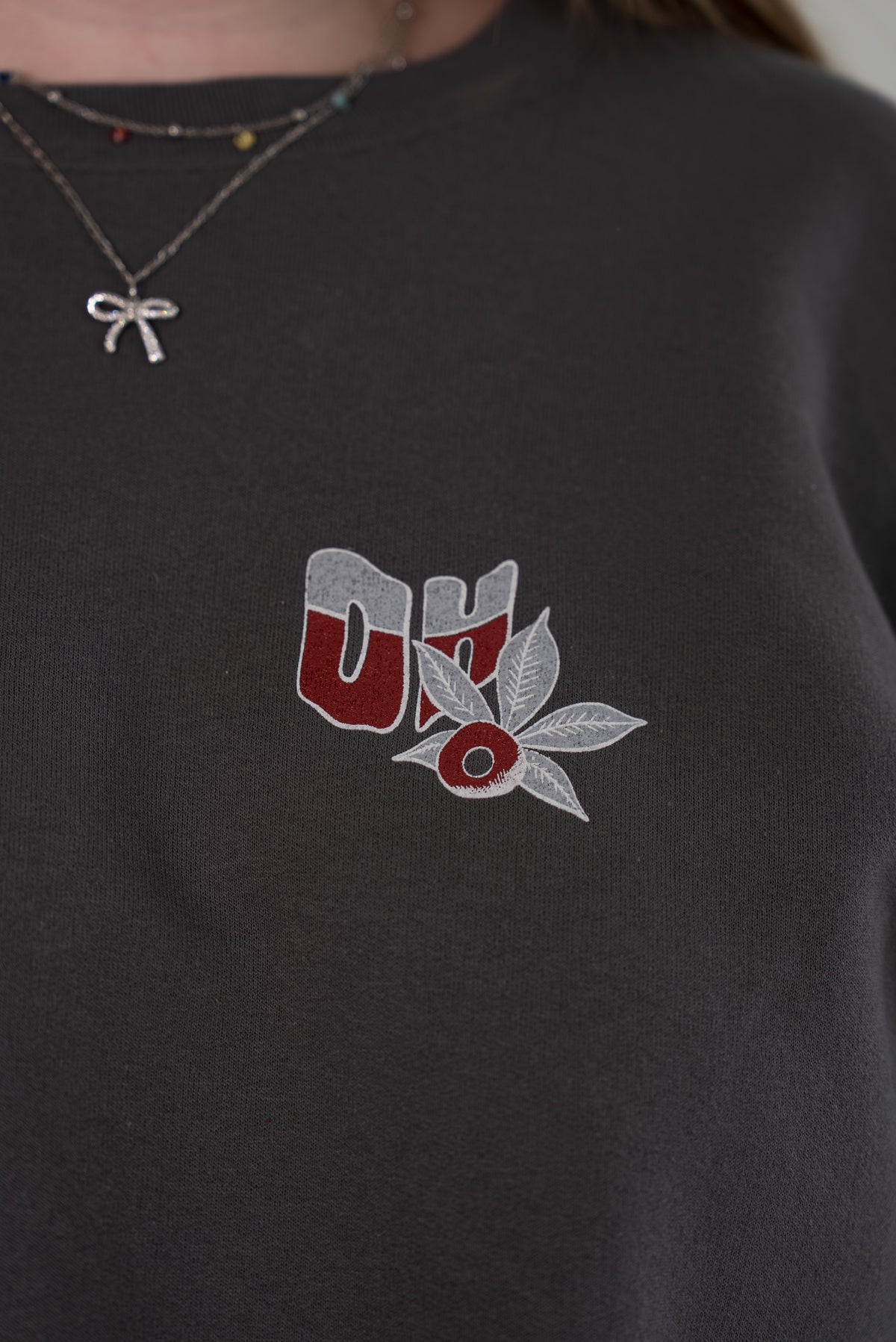 Close-up of the front chest of a charcoal gray sweatshirt, showing an embroidered 