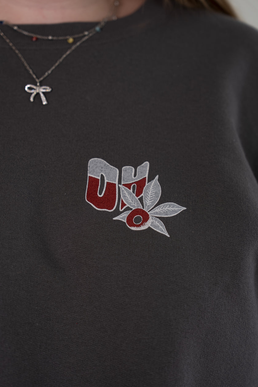 Close-up of the front chest of a charcoal gray sweatshirt, showing an embroidered 