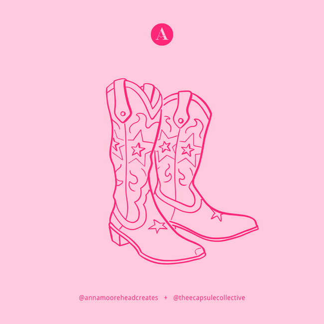 Illustrated pink cowboy boots with star details on a light pink background, created for the Capsule Collective embroidered cowboy boot collection.