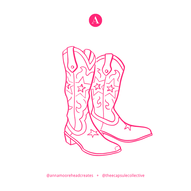 Illustrated pink cowboy boots with star details on a white background, created for the Capsule Collective embroidered cowboy boot collection.