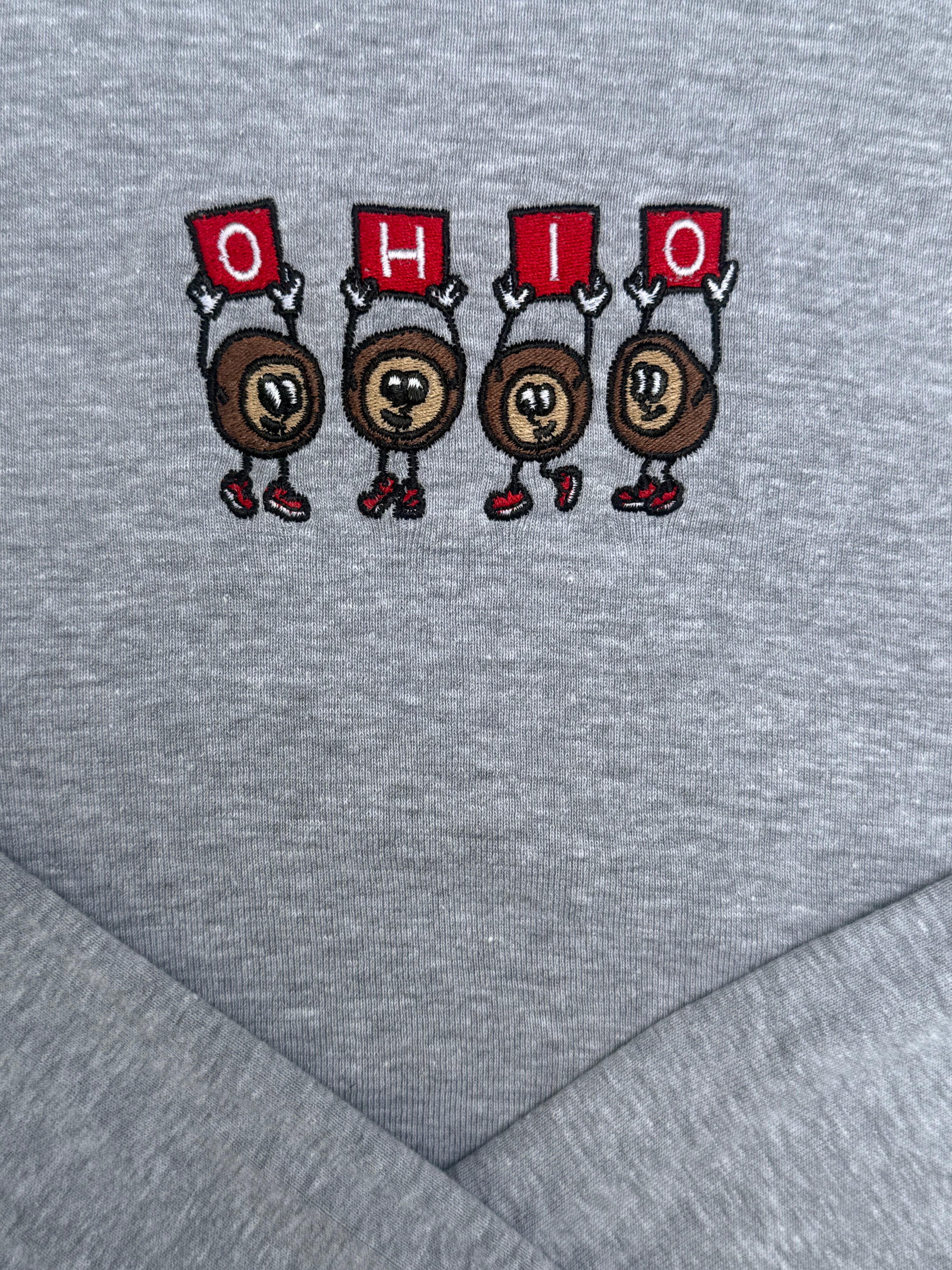 Close-up of a heather gray fabric surface with an embroidered graphic of four cartoon Ohio state silhouettes holding red signs that spell OHIO.