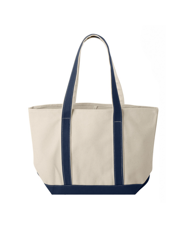 Custom dog lover heavyweight canvas tote bag with navy trim, long shoulder straps, and a front pocket.