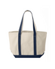Custom dog lover heavyweight canvas tote bag with navy trim, long shoulder straps, and a front pocket.