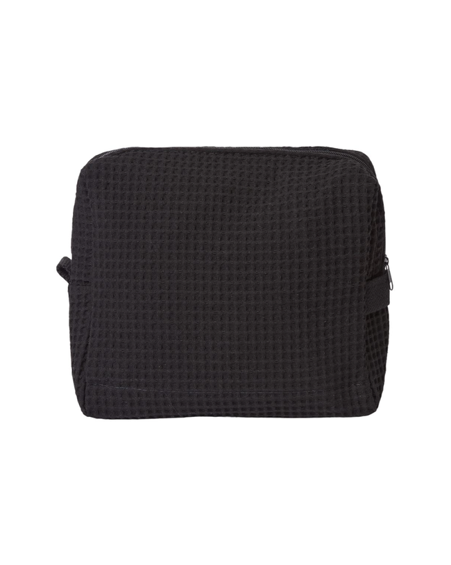 Custom dog lover black zipper pouch or makeup bag made using woven, waffled material.