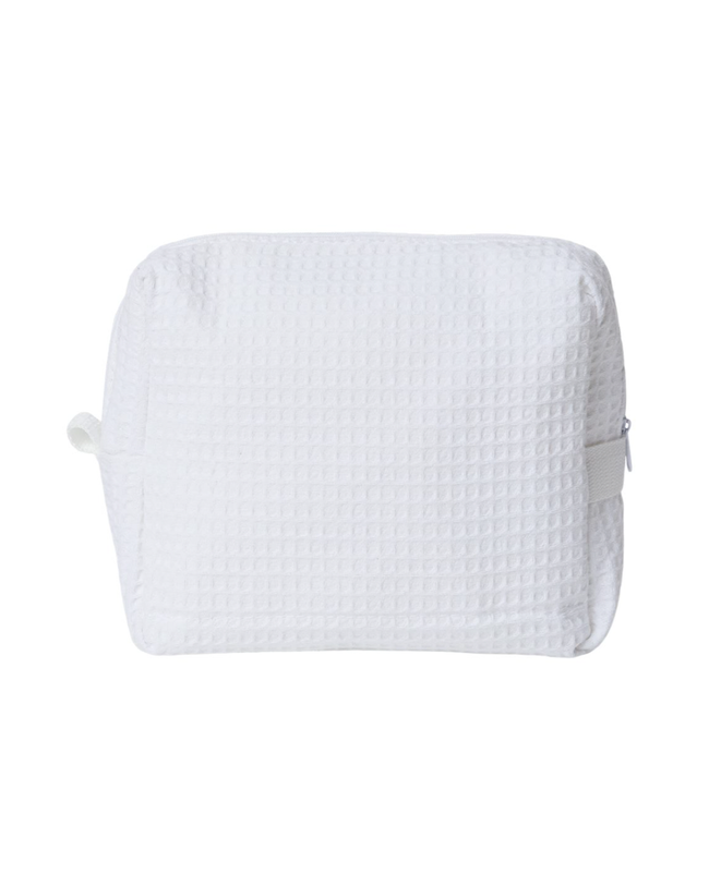 Custom dog lover white zipper pouch or makeup bag made using woven, waffled material.