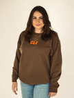 Model wearing the brown Drip CLE embroidered sweatshirt styled casually.