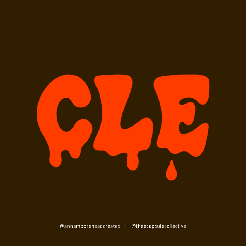 Close-up of the embroidered Drip CLE artwork on a brown crewneck sweatshirt.