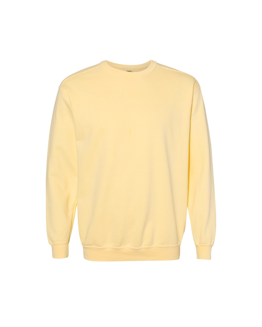 Custom last name crewneck sweatshirt in butter yellow.
