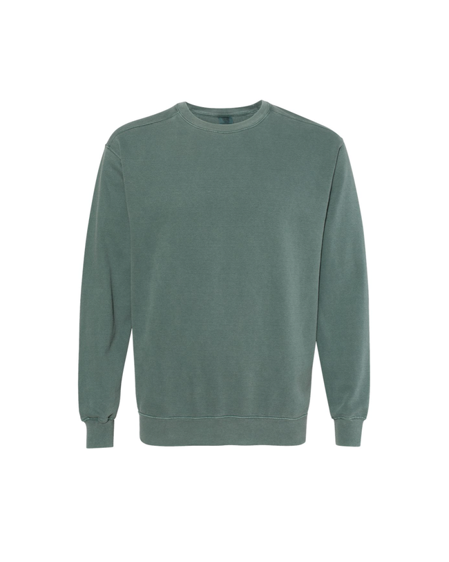 Custom last name crewneck sweatshirt in forrest green.