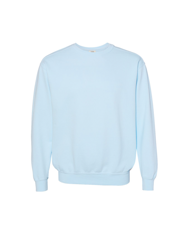 Custom last name crewneck sweatshirt in baby blue.