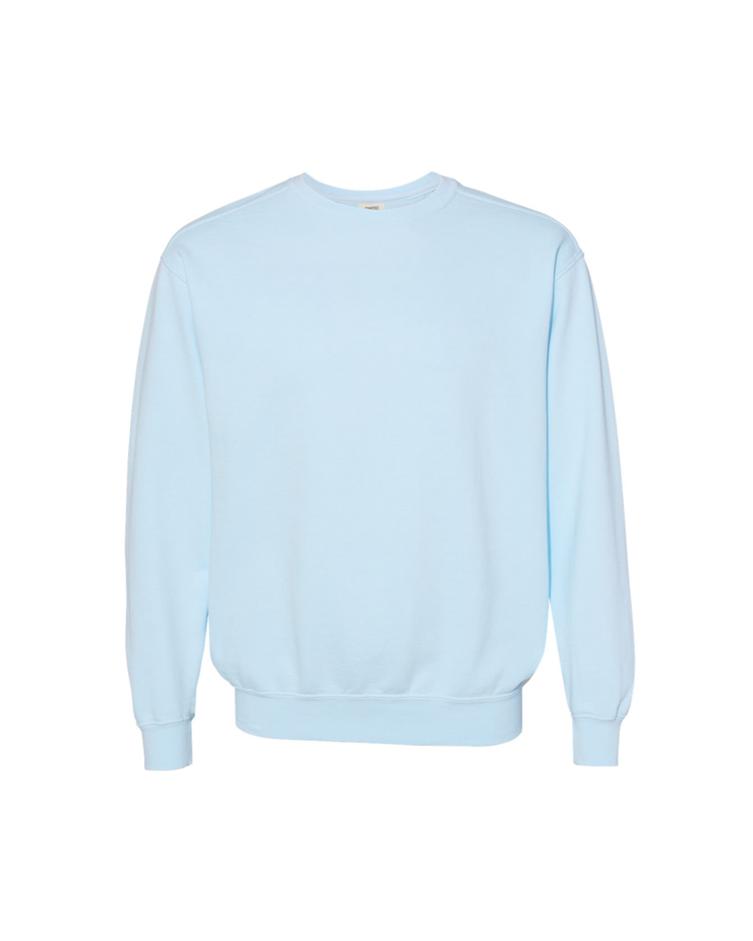 Custom last name crewneck sweatshirt in baby blue.