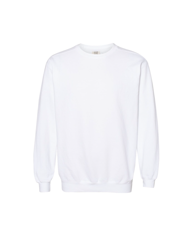 Custom last name crewneck sweatshirt in white.