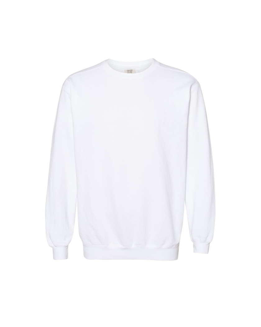 Custom last name crewneck sweatshirt in white.