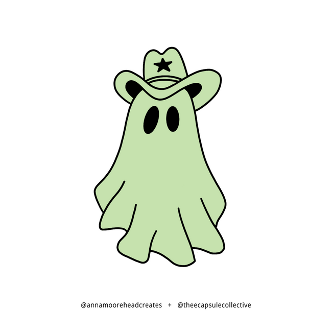 Minimalist illustration of a ghost wearing a cowboy hat on a white background, created for the Capsule Collective Ghost Cowboy embroidered collection.