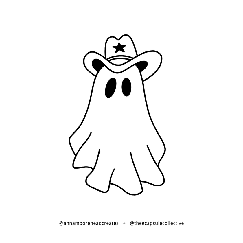 Minimalist illustration of a ghost wearing a cowboy hat on a white background, created for the Capsule Collective Ghost Cowboy embroidered collection.