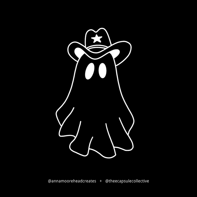 Minimalist illustration of a ghost wearing a cowboy hat on a black background, created for the Capsule Collective Ghost Cowboy embroidered collection.