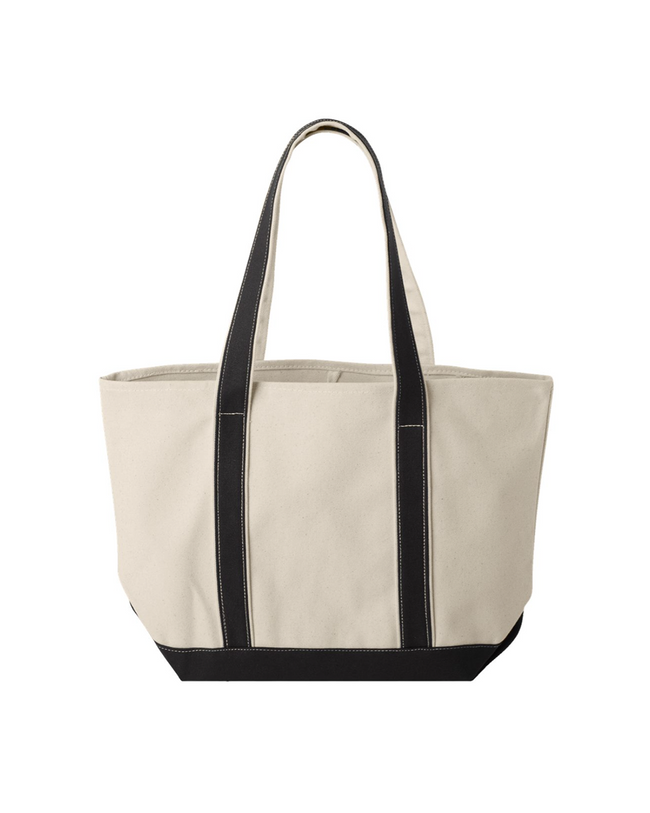 Custom heavyweight canvas tote bag with black trim, long shoulder straps, and a front pocket.