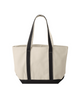 Custom heavyweight canvas tote bag with black trim, long shoulder straps, and a front pocket.