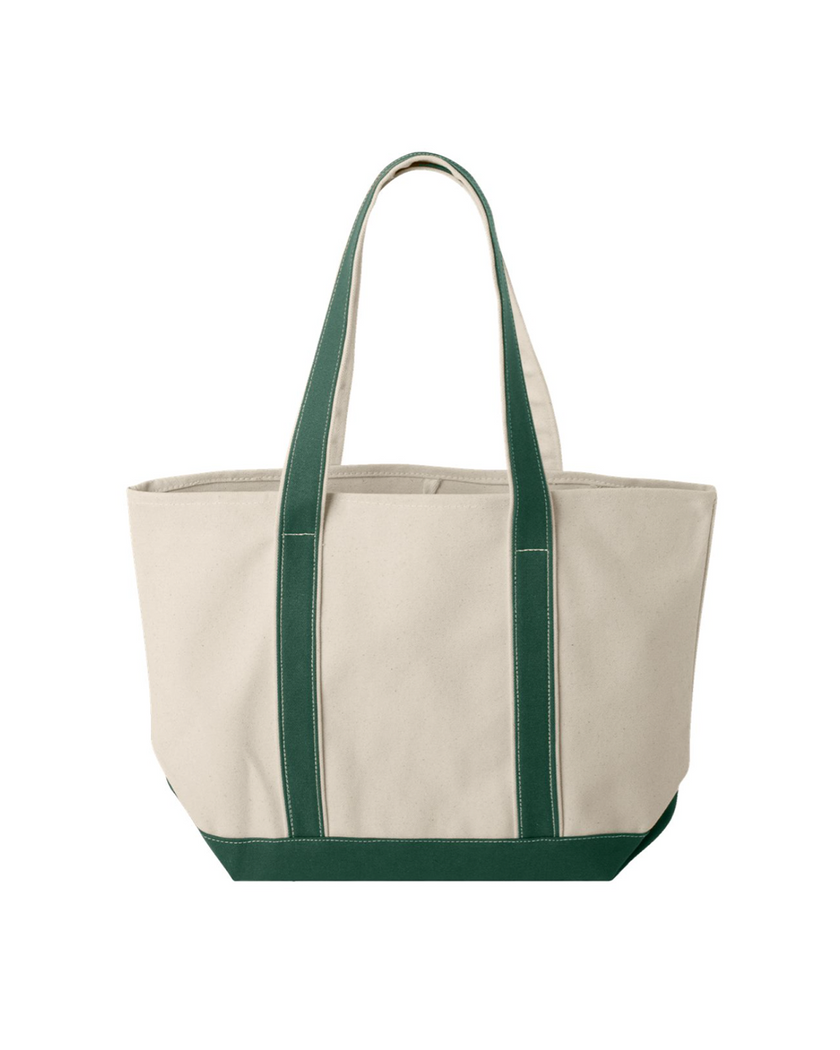 Custom heavyweight canvas tote bag with forrest green trim, long shoulder straps, and a front pocket.