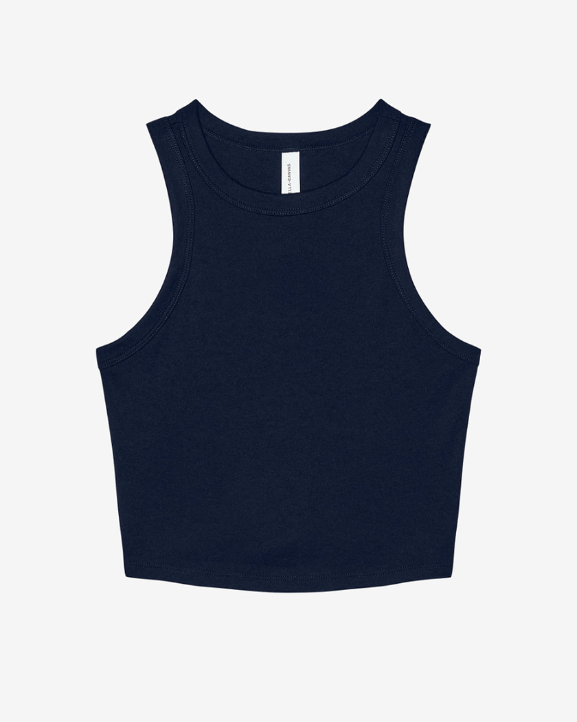 Navy blue tank top with a scoop neckline, wide straps, and fitted silhouette.