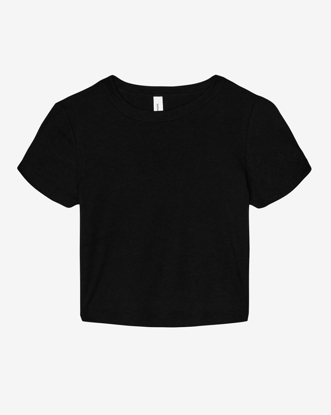 Black baby tee with a crew neckline and fitted silhouette. 