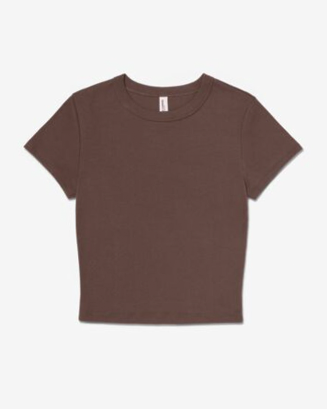 Espresso brown baby tee with a crew neckline and fitted silhouette. 