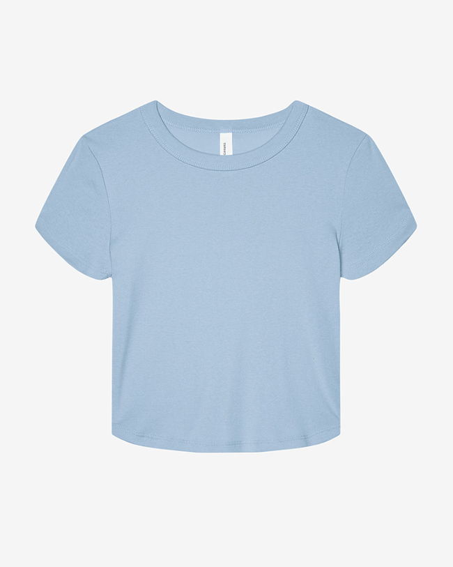 Light Blue baby tee with a crew neckline and fitted silhouette.