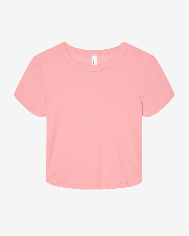 Light pink baby tee with a crew neckline and fitted silhouette. 