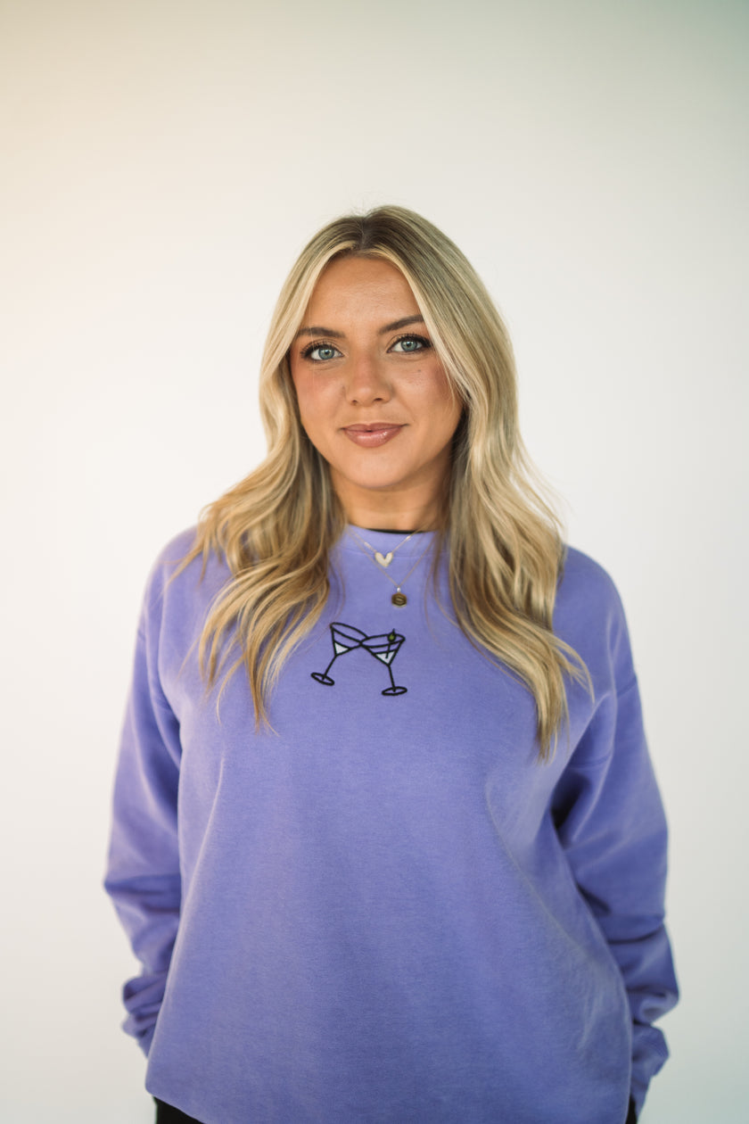 Model wearing the lavender Martini Crew featuring embroidered martini glasses.