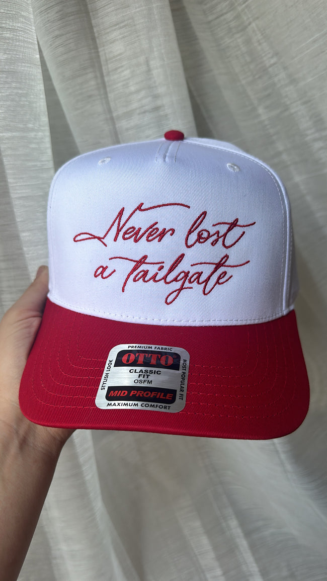 Red and White trucker hat featuring 