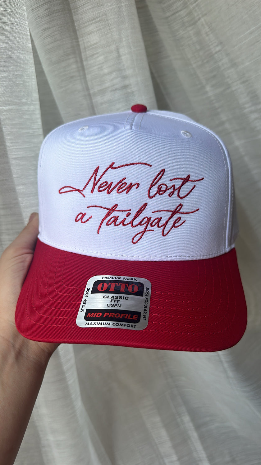 Red and White trucker hat featuring 