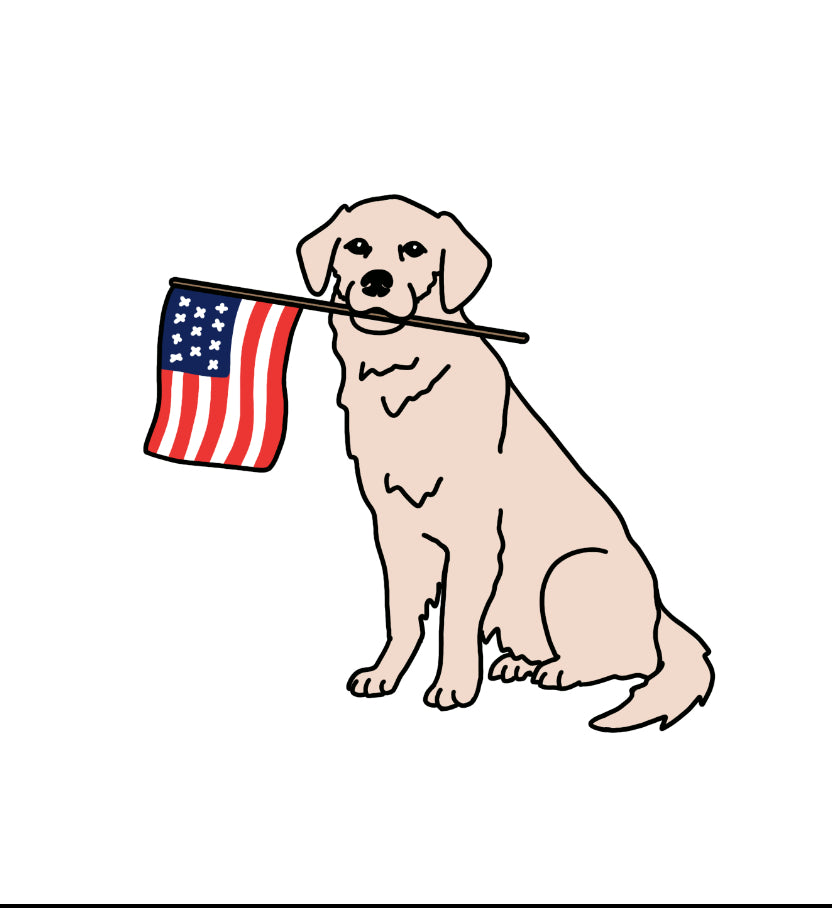 Embroidered dog holding an American flag on a patriotic, high neck tank top.