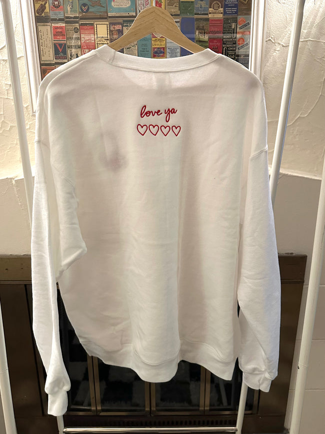 Back of the white Pizza Lover embroidered crewneck featuring 