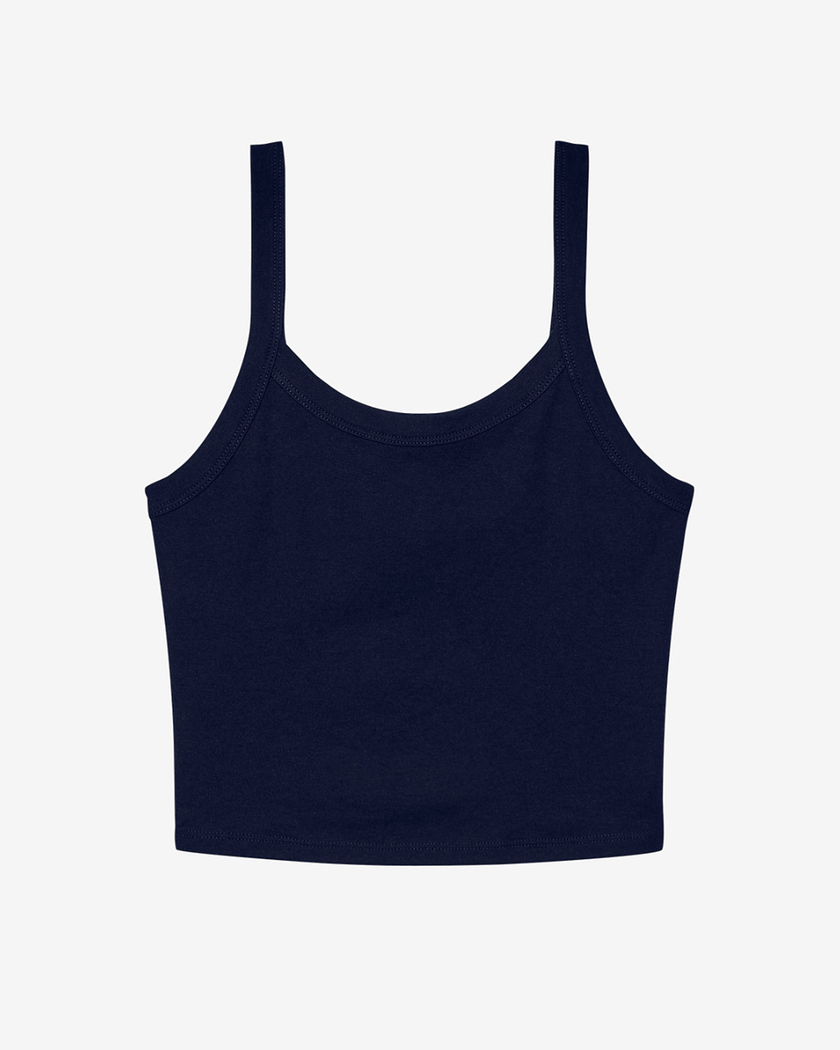 Navy custom embroidered tank top, featuring thin shoulder straps and a scoop neckline.