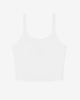 White custom embroidered tank top, featuring thin shoulder straps and a scoop neckline.