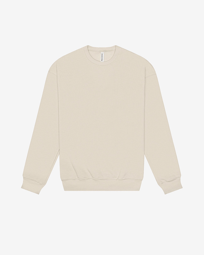 Ivory, relaxed fit crewneck with ribbed cuffs and hem. 