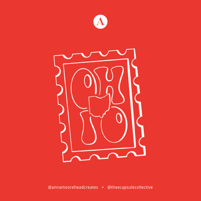 Original Ohio stamp illustration featuring the outline of Ohio on a red background.