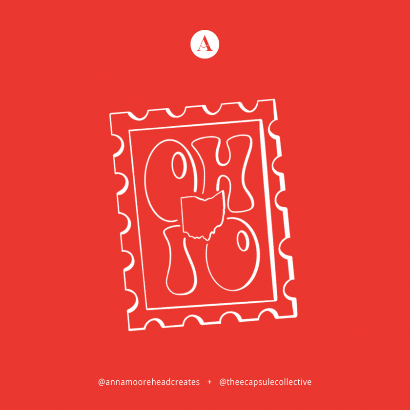 Original Ohio stamp illustration featuring the outline of Ohio on a red background.