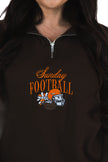 Close-up of a brown Sunday Football embroidered quarter zip featuring orange 