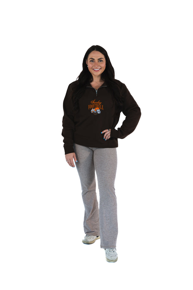 Full view of a brown Sunday Football embroidered quarter zip featuring orange 