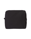Custom black zipper pouch or makeup bag made using woven, waffled material.