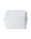 Custom white zipper pouch or makeup bag made using woven, waffled material.