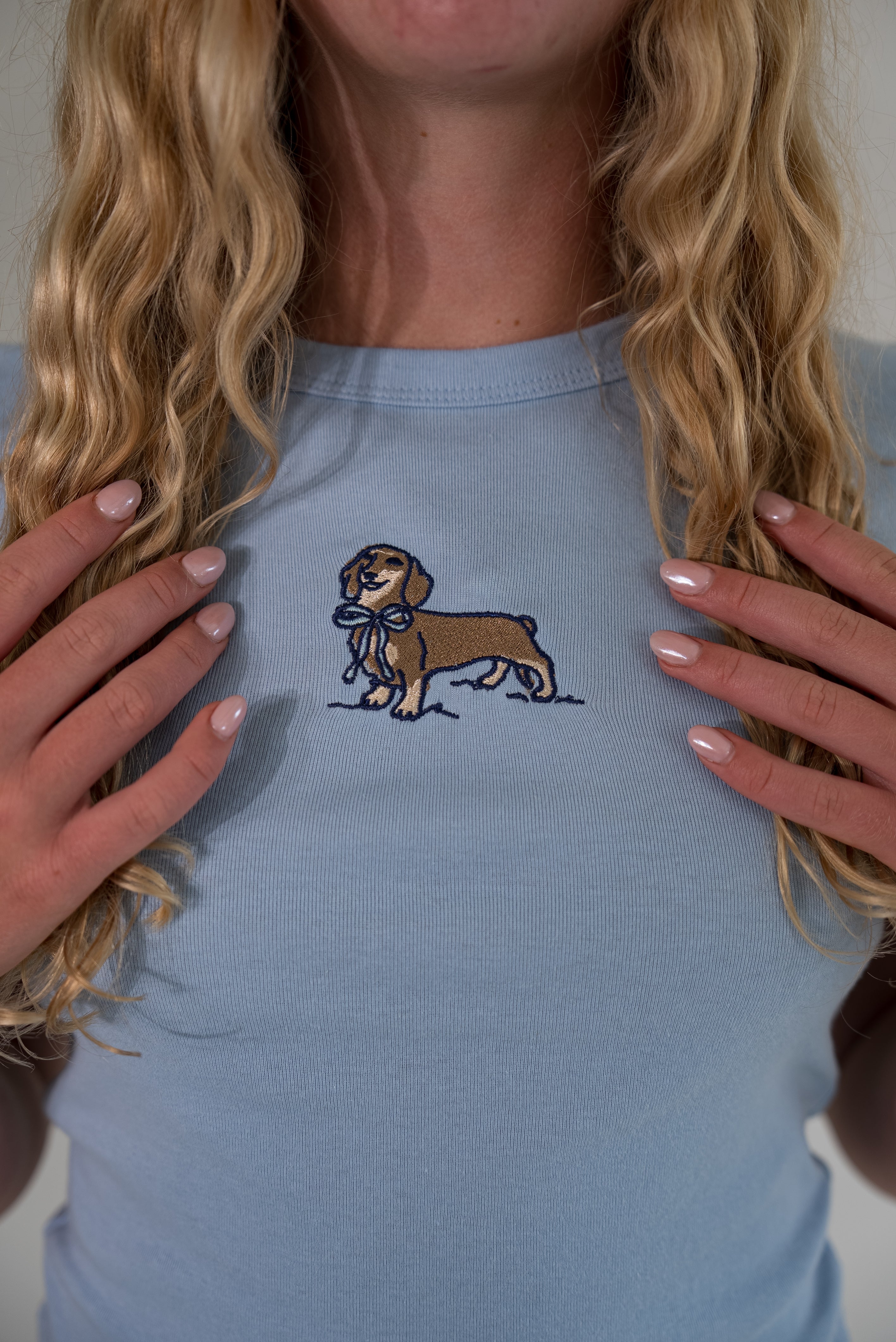 A close-up of a woman wearing a light blue t-shirt with an embroidered brown dachshund holding a blue bowtie on the chest.